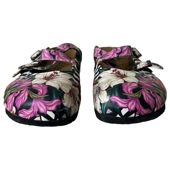 Calcio size 38 EU / 7.5 US Black & Pink Floral Stripe Clogs EUC - Picture 9 of 16